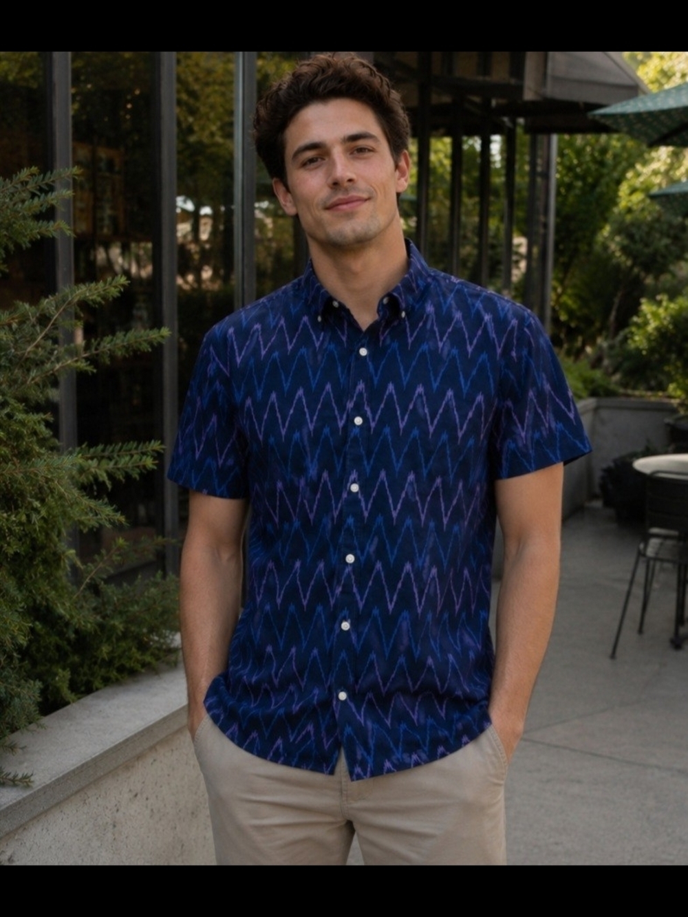Bonobos Riviera Zigzag Wavy Stripe Ikat Chevron Short Sleeve Shirt Size Large